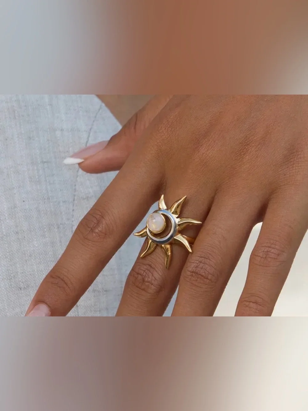Gold Sunburst Ring with Moonstone Center